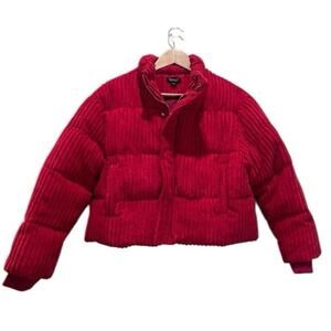 Spring 21 Red Corduroy Puffer Jacket | Cropped Cozy Statement Coat